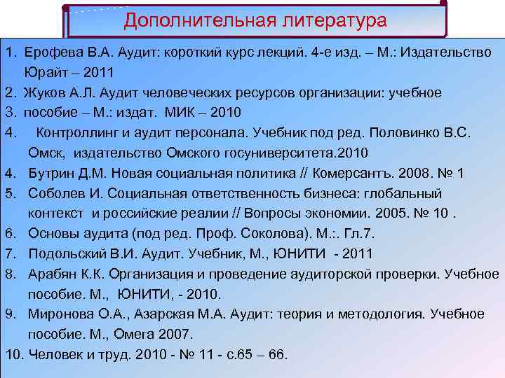 Дополнительная литература 1. Ерофева В. А. Аудит: короткий курс лекций. 4 -е изд. –