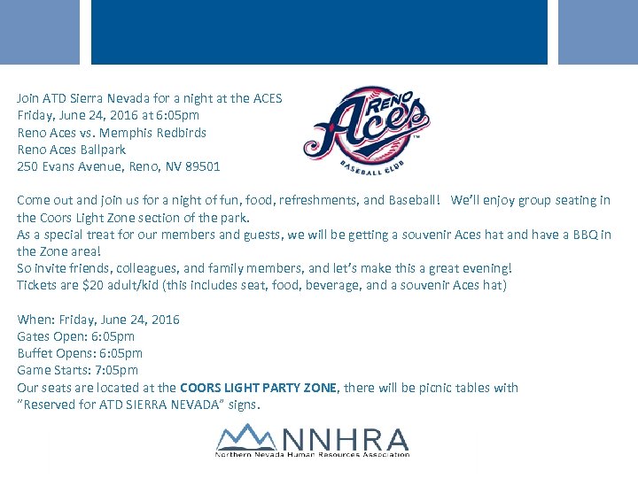 Join ATD Sierra Nevada for a night at the ACES Friday, June 24, 2016