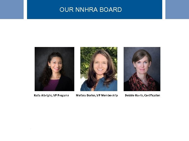 OUR NNHRA BOARD Katia Albright, VP Progams Melissa Davies, VP Membership Debbie Harris, Certification