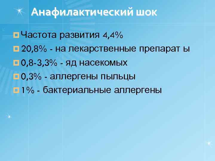 Анафилактический шок ¤ Частота развития 4, 4% ¤ 20, 8% - на лекарственные препарат