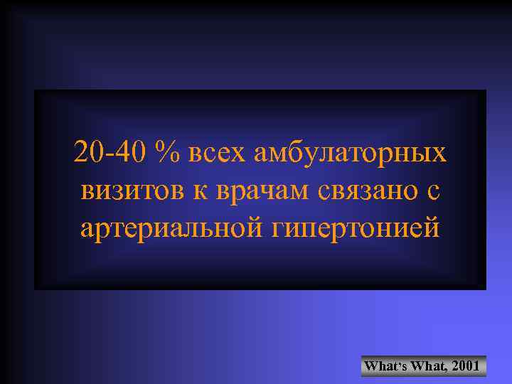 20 -40 % всех амбулаторных визитов к врачам связано с артериальной гипертонией What, s