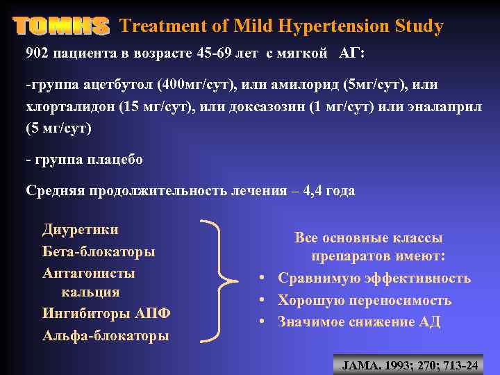 Treatment of Mild Hypertension Study 902 пациента в возрасте 45 -69 лет с мягкой