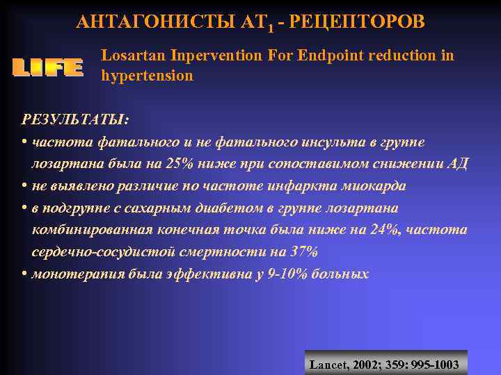 АНТАГОНИСТЫ АТ 1 - РЕЦЕПТОРОВ Losartan Inpervention For Endpoint reduction in hypertension РЕЗУЛЬТАТЫ: •