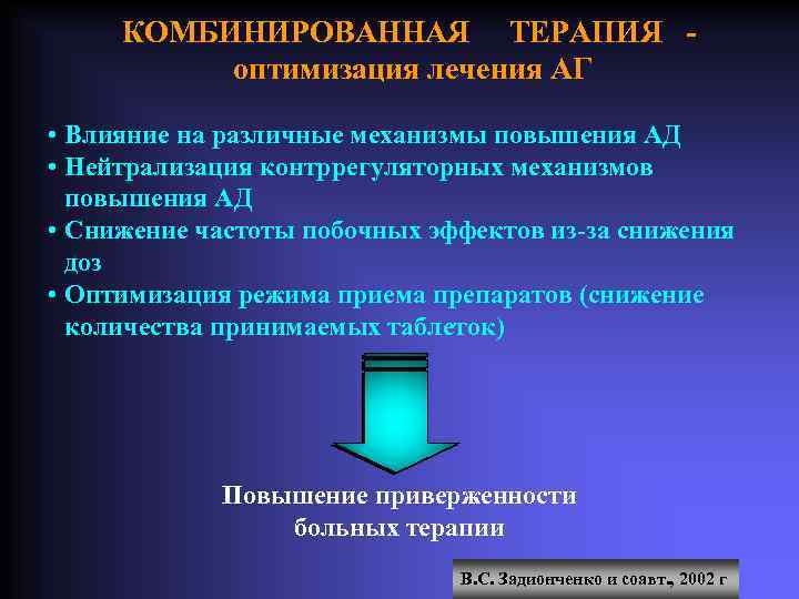 КОМБИНИРОВАННАЯ ТЕРАПИЯ оптимизация лечения АГ • Влияние на различные механизмы повышения АД • Нейтрализация