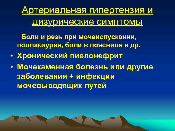 Артериальная гипертензия и дизурические симптомы Боли и резь при мочеиспускании, поллакиурия, боли в пояснице