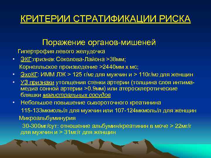 КРИТЕРИИ СТРАТИФИКАЦИИ РИСКА Поражение органов-мишеней • • Гипертрофия левого желудочка ЭКГ: признак Соколова-Лайона >38