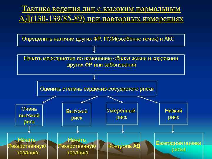 Тактика ведения лиц с высоким нормальным АД(130 -139/85 -89) при повторных измерениях Определить наличие