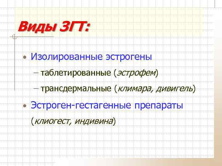 Виды ЗГТ: • Изолированные эстрогены – таблетированные (эстрофем) – трансдермальные (климара, дивигель) • Эстроген-гестагенные