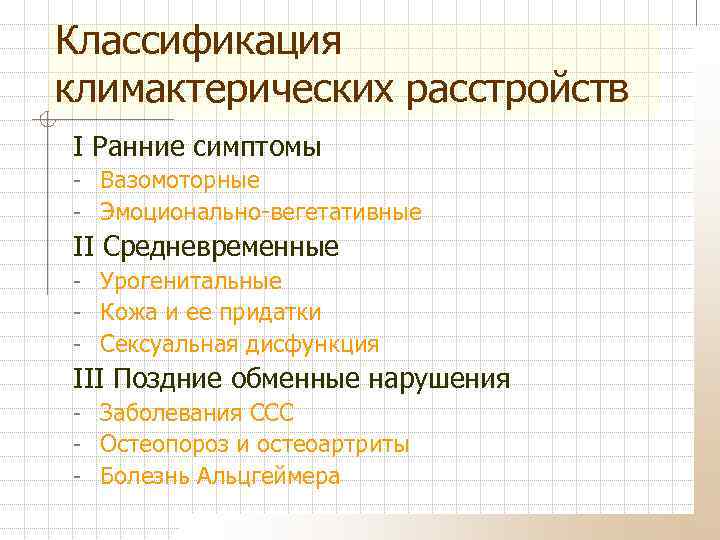 Классификация климактерических расстройств I Ранние симптомы - Вазомоторные - Эмоционально-вегетативные II Средневременные - Урогенитальные