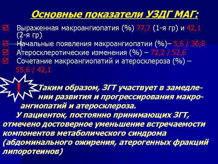 Основные показатели УЗДГ МАГ: þ þ Выраженная макроангиопатия (%) 77, 7 (1 -я гр)