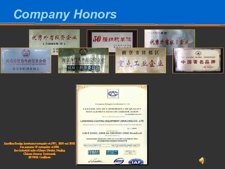 Company Honors Excellent foreign investment enterprise at 1997, 2000 and 2002 Tax payment 50