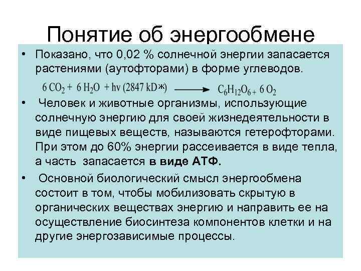 Понятие об энергообмене • Показано, что 0, 02 % солнечной энергии запасается растениями (аутофторами)