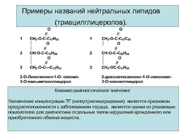 Примеры названий нейтральных липидов (триацилглицеролов). Клинико-диагностическое значение Увеличение концентрации ТГ (гипертриглицеридемия) является признаком предрасположенности