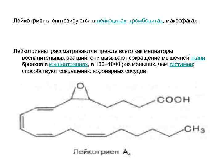 Лейкотриены синтезируются в лейкоцитах, тромбоцитах, макрофагах. Лейкотриены рассматриваются прежде всего как медиаторы воспалительных реакций;