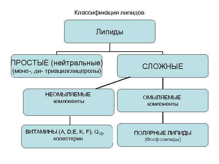 Классификация липидов Липиды ПРОСТЫЕ (нейтральные) (моно-, ди- триацилглицеролы) НЕОМЫЛЯЕМЫЕ компоненты Витамины (А, D, D,