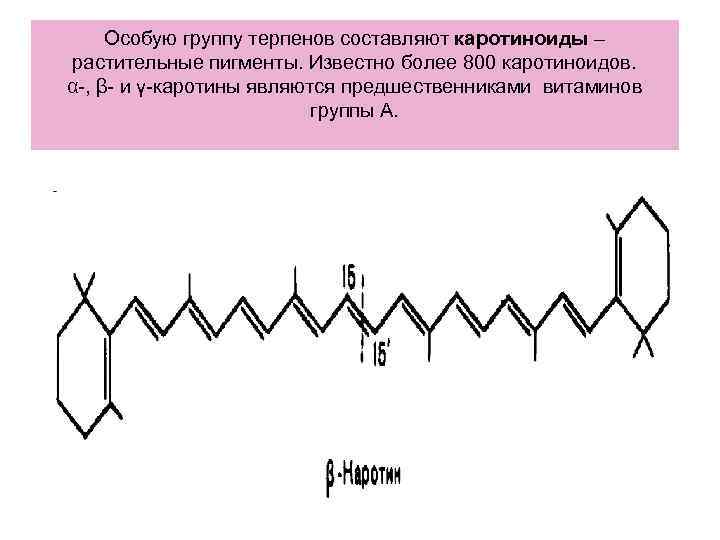 Особую группу терпенов составляют каротиноиды – растительные пигменты. Известно более 800 каротиноидов. α-, β-