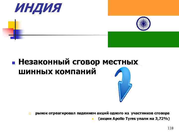 ИНДИЯ n Незаконный сговор местных шинных компаний рынок отреагировал падением акций одного из участников