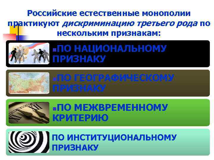 Российские естественные монополии практикуют дискриминацию третьего рода по нескольким признакам: ПО НАЦИОНАЛЬНОМУ ПРИЗНАКУ n