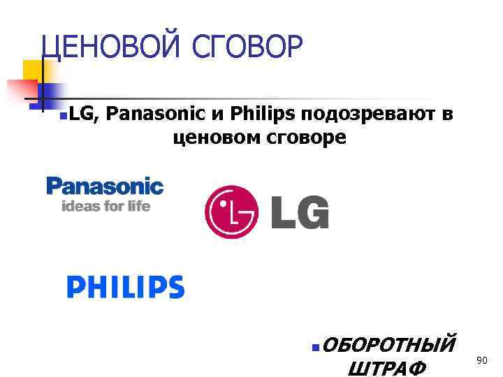ЦЕНОВОЙ СГОВОР n LG, Panasonic и Philips подозревают в ценовом сговоре n ОБОРОТНЫЙ ШТРАФ