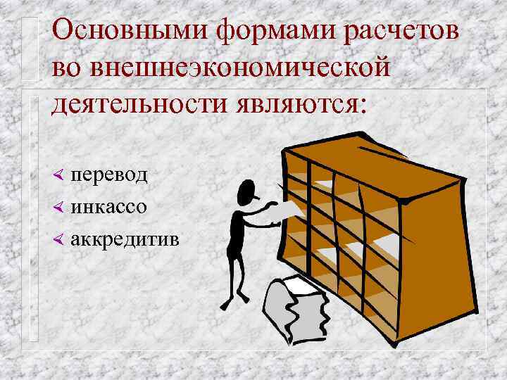 Основными формами расчетов во внешнеэкономической деятельности являются: перевод × инкассо × аккредитив × 