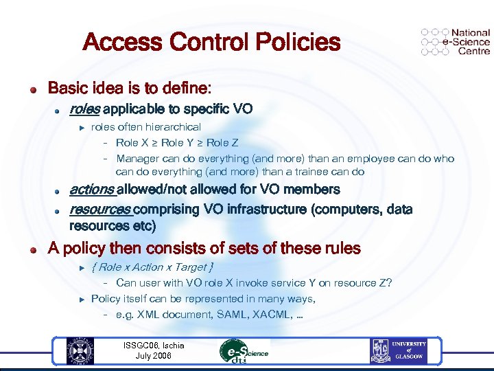 Access Control Policies Basic idea is to define: roles applicable to specific VO u