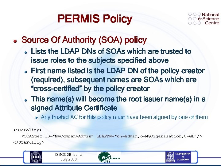 PERMIS Policy Source Of Authority (SOA) policy Lists the LDAP DNs of SOAs which