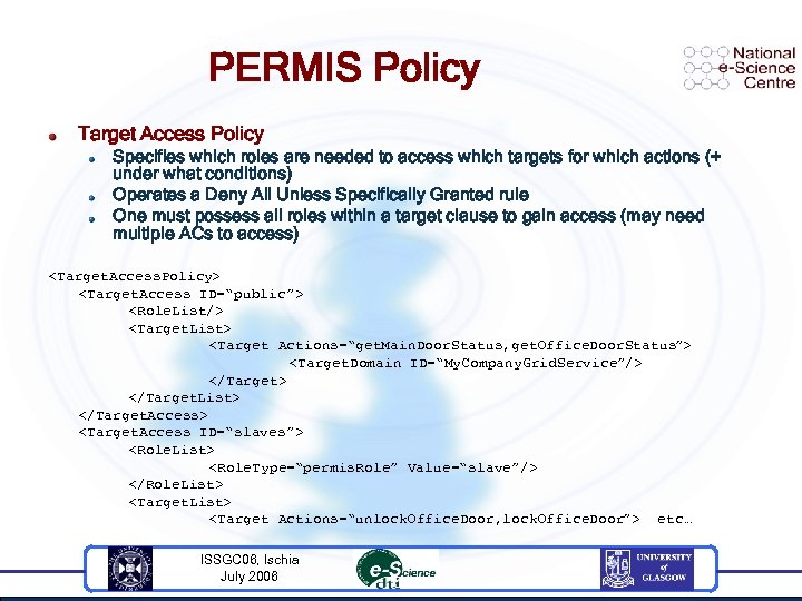 PERMIS Policy Target Access Policy Specifies which roles are needed to access which targets