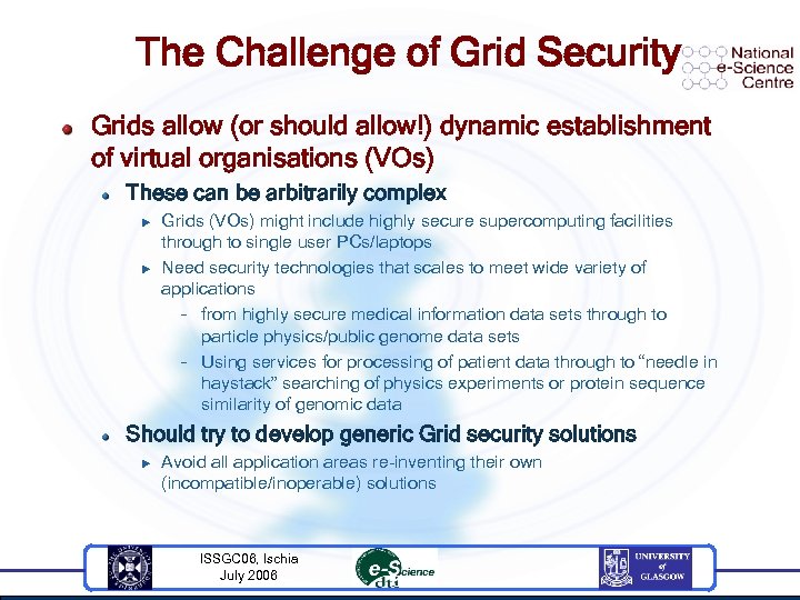 The Challenge of Grid Security Grids allow (or should allow!) dynamic establishment of virtual