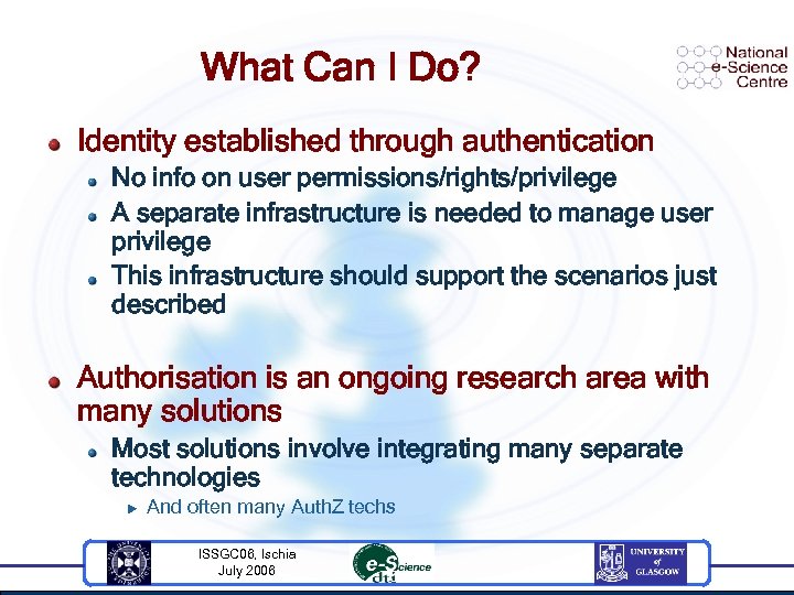 What Can I Do? Identity established through authentication No info on user permissions/rights/privilege A