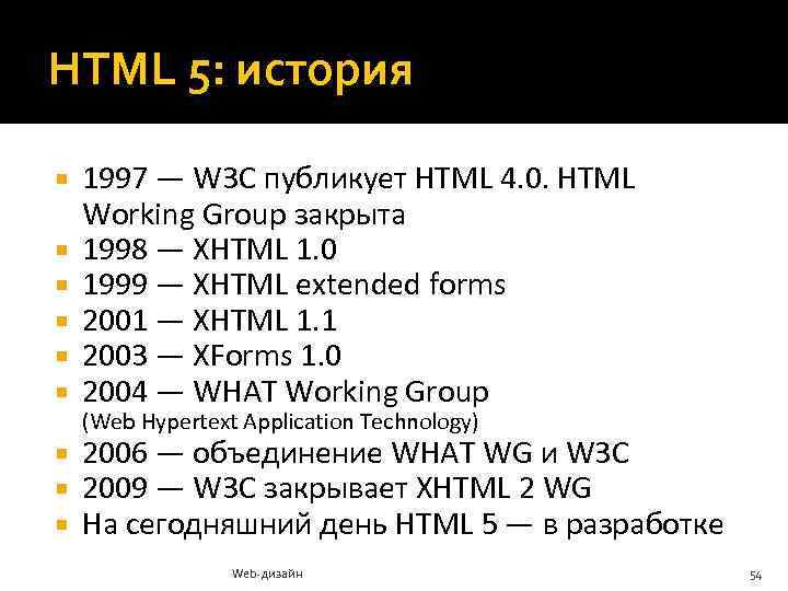HTML 5: история 1997 — W 3 C публикует HTML 4. 0. HTML Working