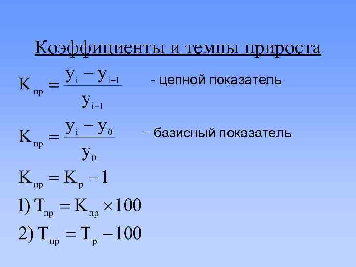 Коэффициенты и темпы прироста - цепной показатель - базисный показатель 
