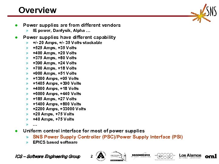 Overview l Power supplies are from different vendors » IE power, Danfysik, Alpha …