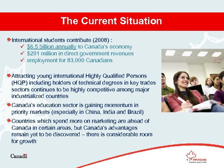 The Current Situation International students contribute (2008) : ü $6. 5 billion annually to