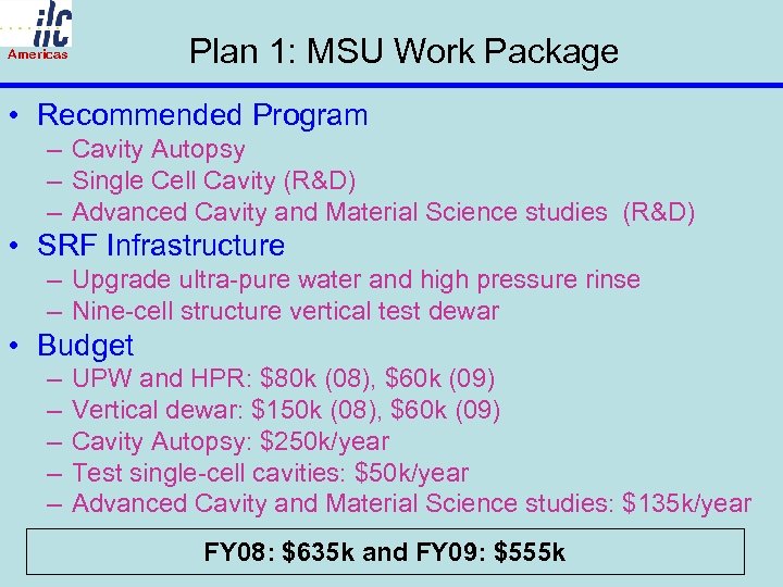 Plan 1: MSU Work Package Americas • Recommended Program – Cavity Autopsy – Single