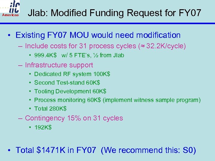 Americas Jlab: Modified Funding Request for FY 07 • Existing FY 07 MOU would