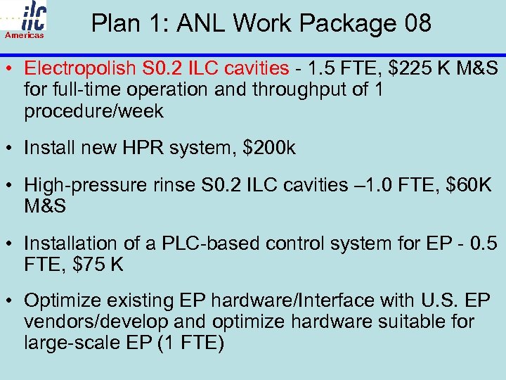 Americas Plan 1: ANL Work Package 08 • Electropolish S 0. 2 ILC cavities