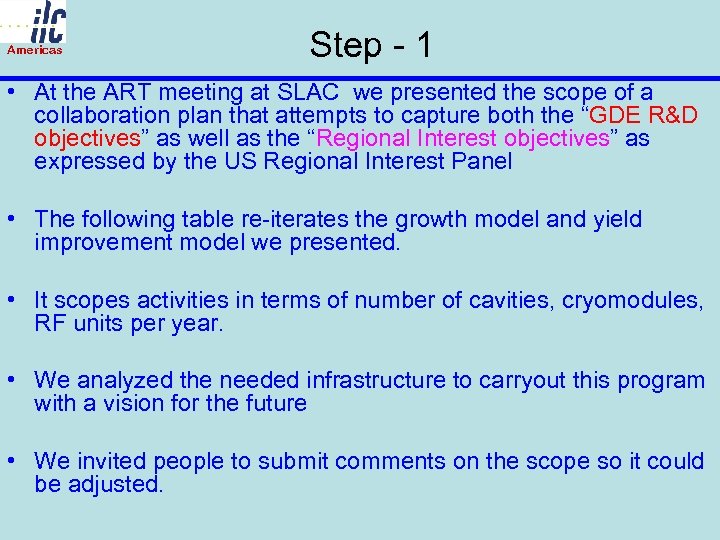 Americas Step - 1 • At the ART meeting at SLAC we presented the