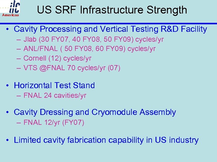 Americas US SRF Infrastructure Strength • Cavity Processing and Vertical Testing R&D Facility –