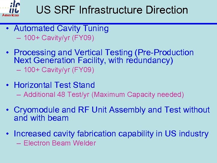 Americas US SRF Infrastructure Direction • Automated Cavity Tuning – 100+ Cavity/yr (FY 09)