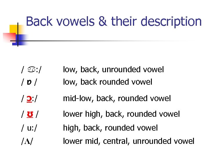 Back vowels & their description / : / low, back, unrounded vowel /ɒ/ low,