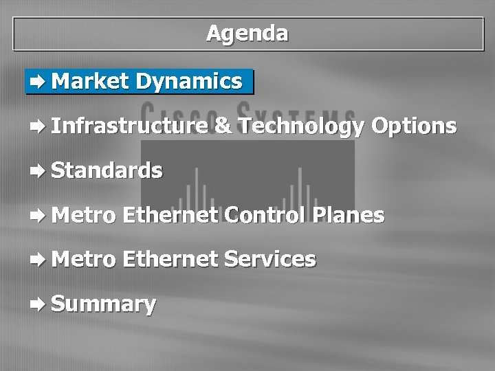 Agenda Æ Market Dynamics Æ Infrastructure & Technology Options Æ Standards Æ Metro Ethernet