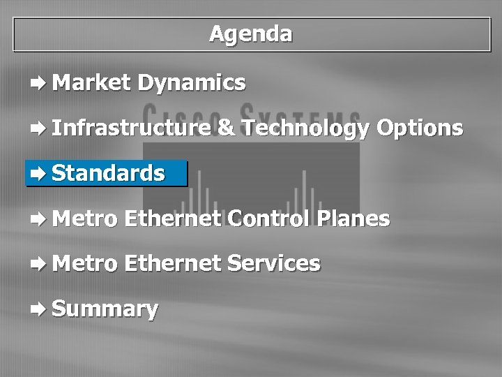 Agenda Æ Market Dynamics Æ Infrastructure & Technology Options Æ Standards Æ Metro Ethernet