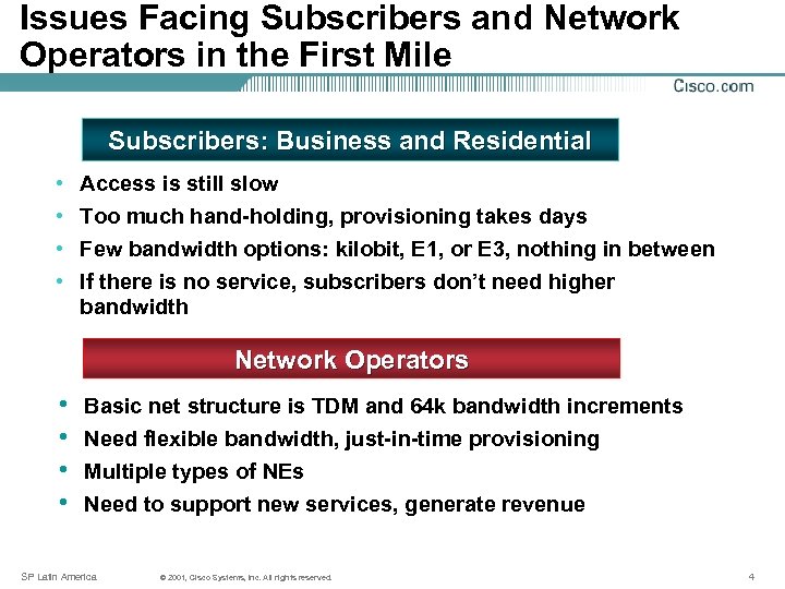 Issues Facing Subscribers and Network Operators in the First Mile Subscribers: Business and Residential