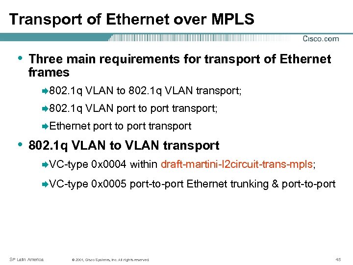 Transport of Ethernet over MPLS • Three main requirements for transport of Ethernet frames