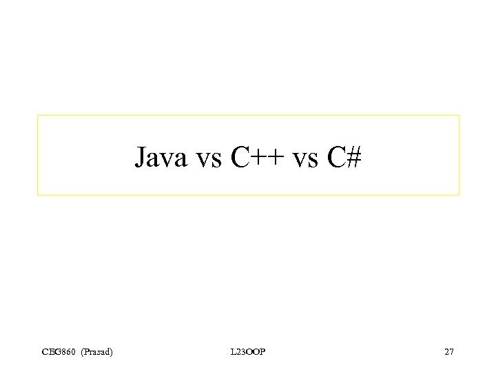 Java vs C++ vs C# CEG 860 (Prasad) L 23 OOP 27 