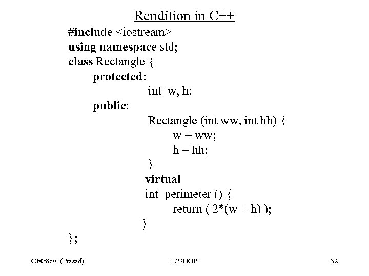 Rendition in C++ #include <iostream> using namespace std; class Rectangle { protected: int w,