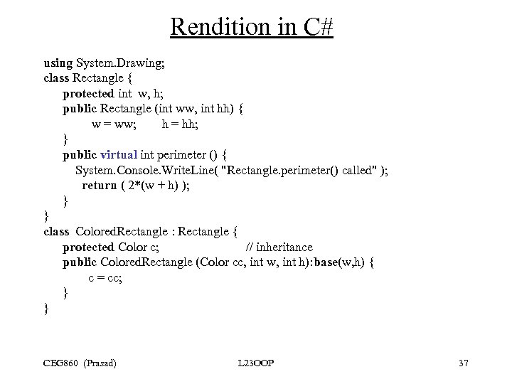 Rendition in C# using System. Drawing; class Rectangle { protected int w, h; public