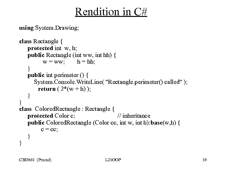 Rendition in C# using System. Drawing; class Rectangle { protected int w, h; public