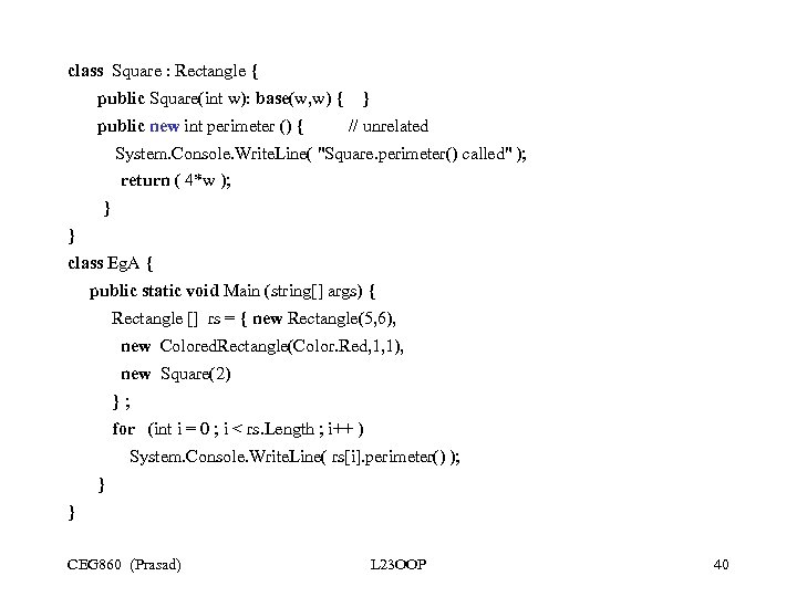  class Square : Rectangle { public Square(int w): base(w, w) { } public