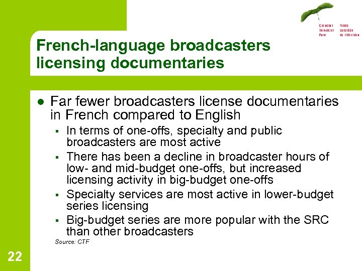 French-language broadcasters licensing documentaries l Far fewer broadcasters license documentaries in French compared to